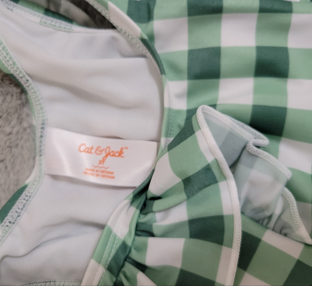 Nwt Cat & Jack Toddler Girls Green and White Gingham Onepiece Swimsuit - Picture 3 of 3